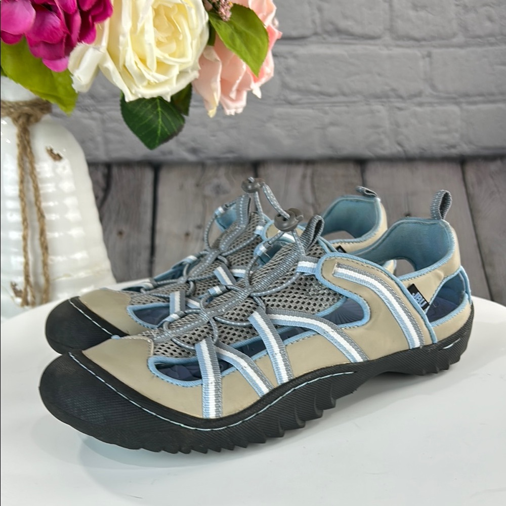 JBU Blue and Gray Athletic Shoes with Bungee Lacing and Reinforced Toe Cap